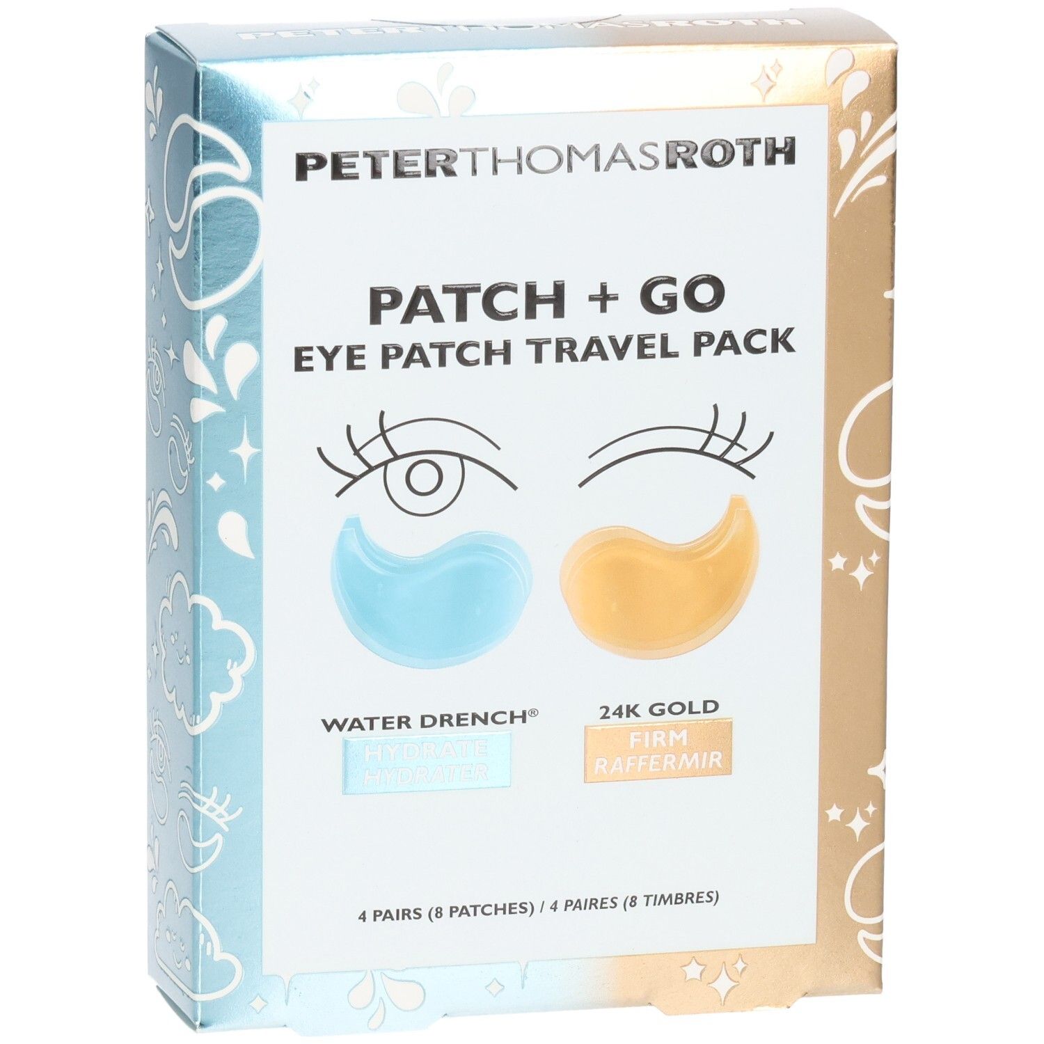 Peter Thomas Roth Patch + Go Eye Patch Travel Pack Verpackung, Vorderseite mit blauen und goldenen Augenpads, Text.