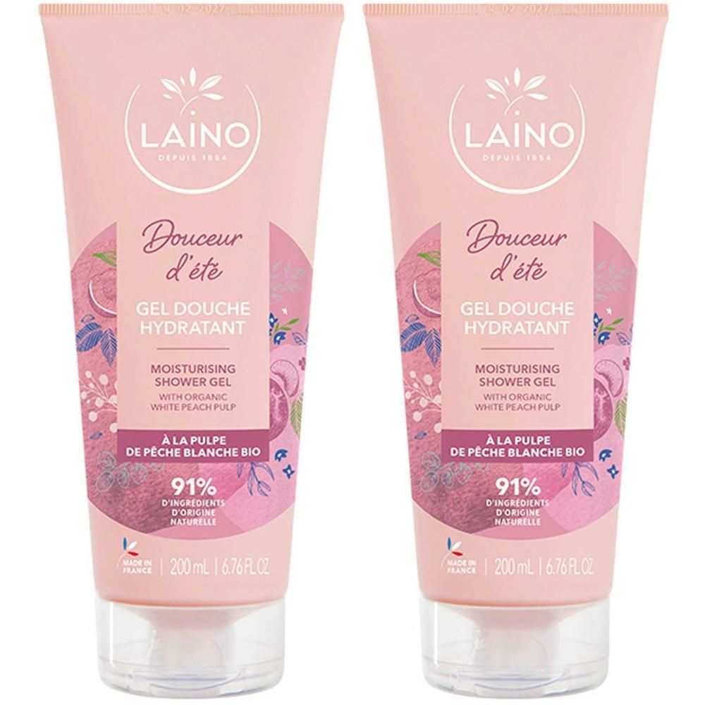 Deux flacons de Gel Douche Hydratant LAINO à la pulpe de pêche blanche bio, décorés de pêches et fleurs.