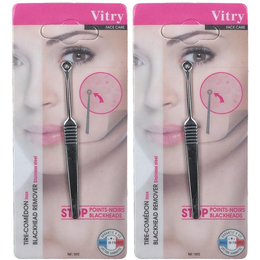 Zwei Edelstahl-Mitesserentferner im Blisterpack. Mit Griff und Schlaufe zur Entfernung von Mitessern.