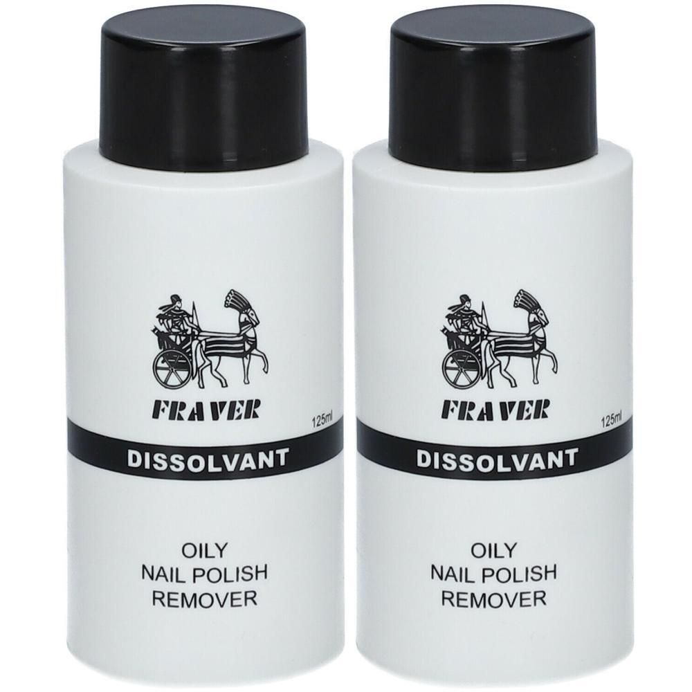Deux flacons blancs à bouchon noir, Fraver Dissolvant Oily Nail Polish Remover, 125ml.