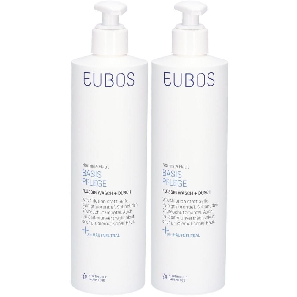 Zwei weiße Pumpflaschen Eubos Basis Pflege Flüssig Wasch + Dusch, 500ml.