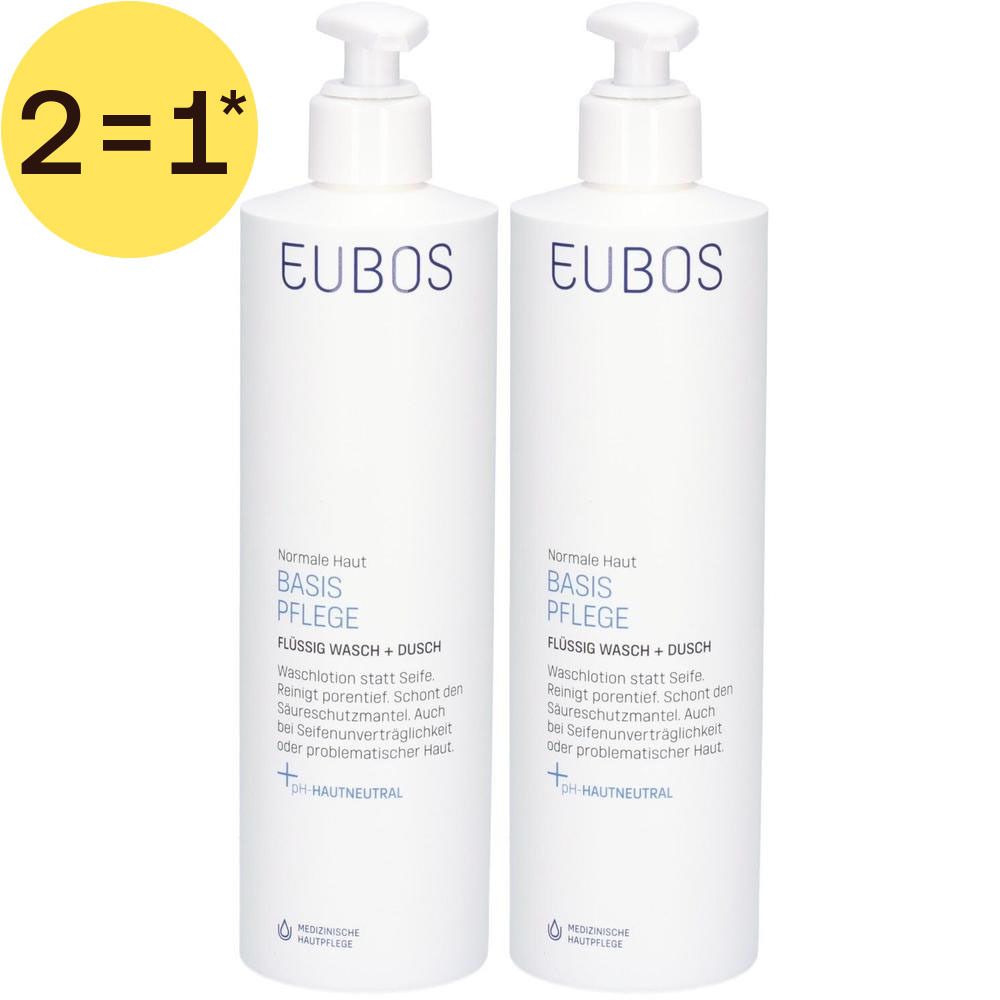 Deux flacons pompe blancs Eubos Basis Pflege Flüssig Wasch + Dusch, 500ml.