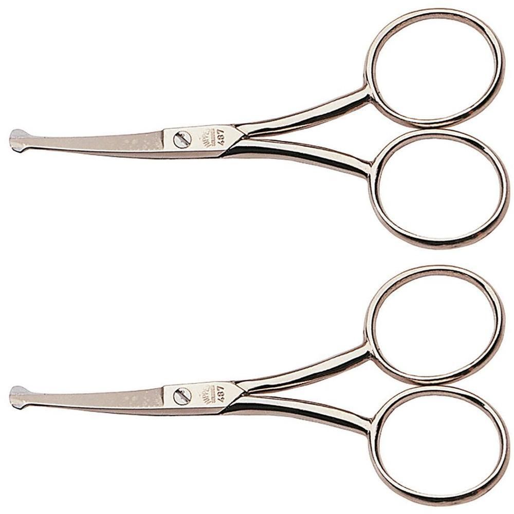 Zwei kleine, silberne Nagelscheren mit abgerundeten Spitzen und Fingerringen.