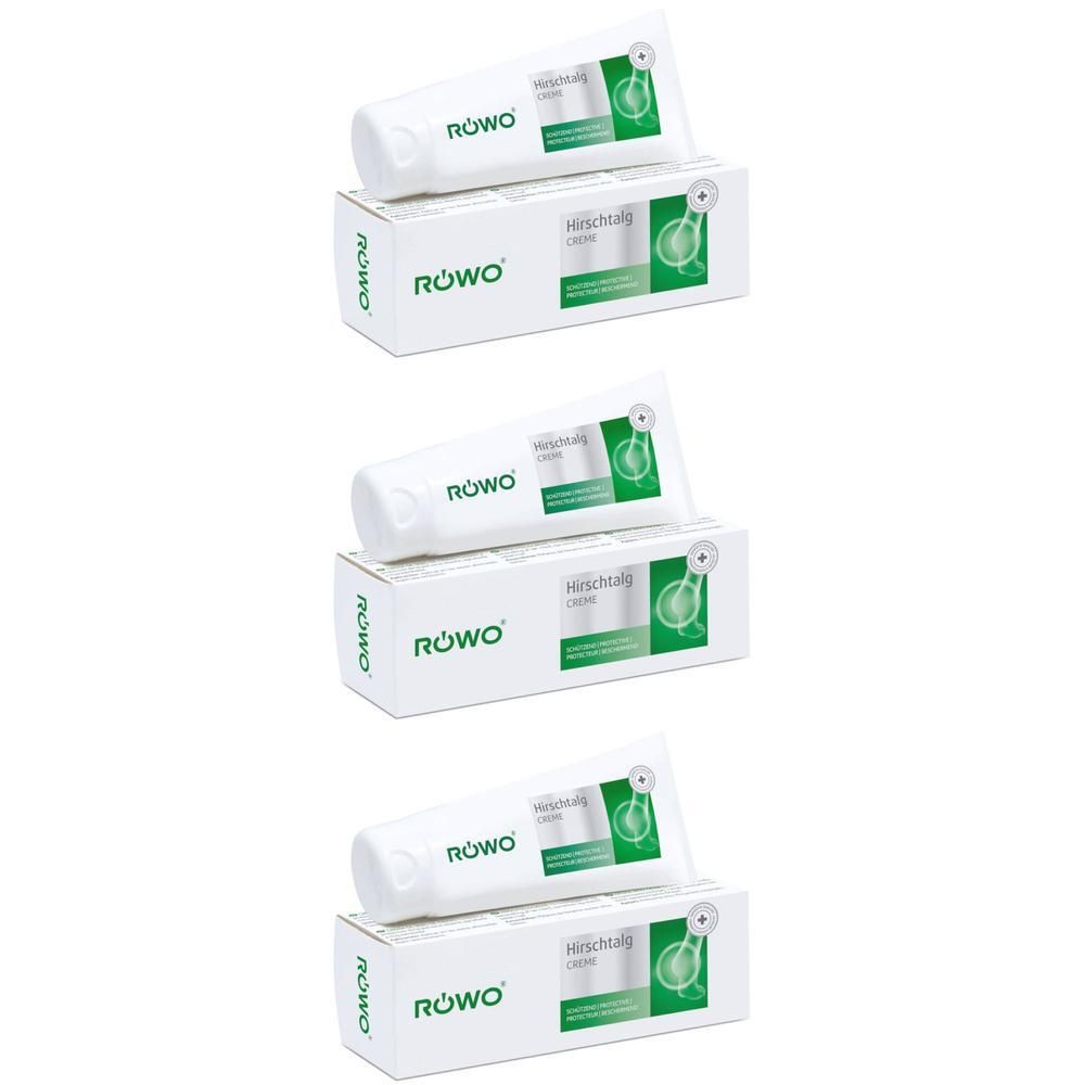 Trois tubes de crème RÖWO Hirschtalg avec boîtes pliantes. Tubes blancs avec écriture et logo verts.