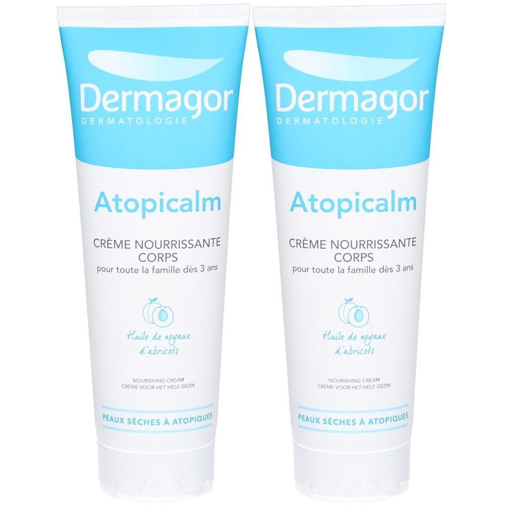 Zwei Tuben Dermagor Atopicalm Lindernde Creme für trockene, atopische Haut. Enthält Aprikosenkernöl.