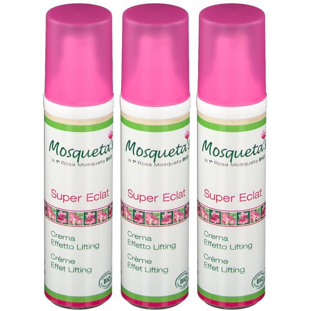 Trois flacons de Mosqueta's Rose Super Eclat Creme avec bouchons roses.