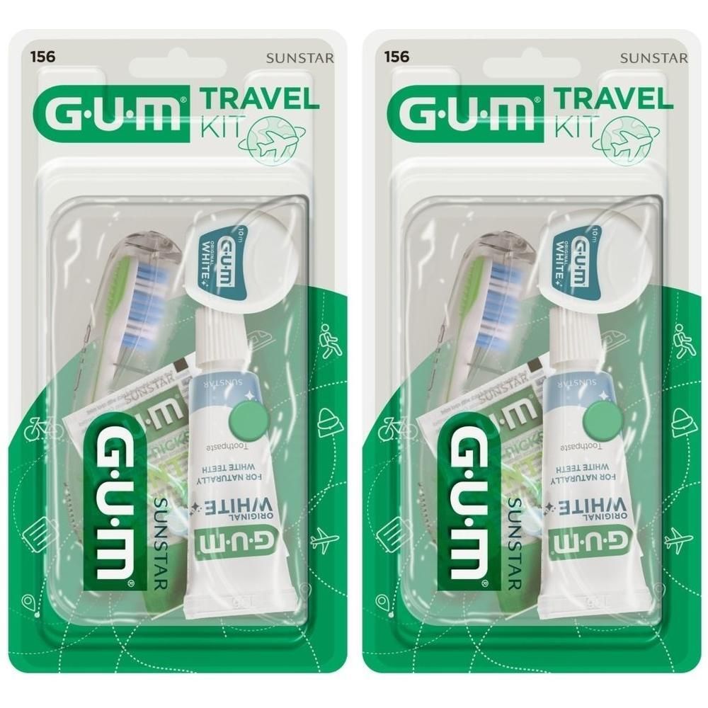 Deux kits de voyage GUM Original White avec brosse à dents, dentifrice et fil dentaire, sous blister.