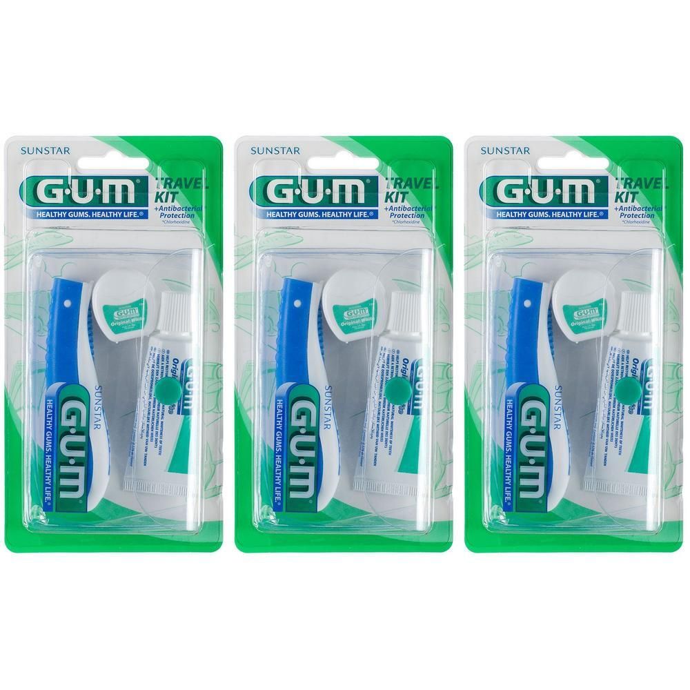 Drei GUM Original White Reisekits im Blister. Jedes Kit enthält eine Zahnbürste, Zahnpasta und Zahnseide.