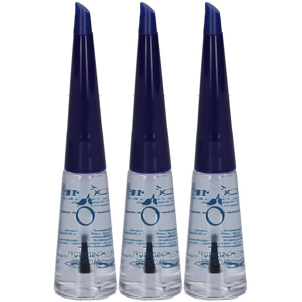 Trois flacons de vernis à ongles transparent avec bouchon bleu et applicateur.