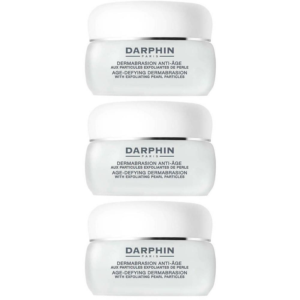 Trois pots de DARPHIN Age-Defying Dermabrasion Anti-Age Peeling avec particules exfoliantes.
