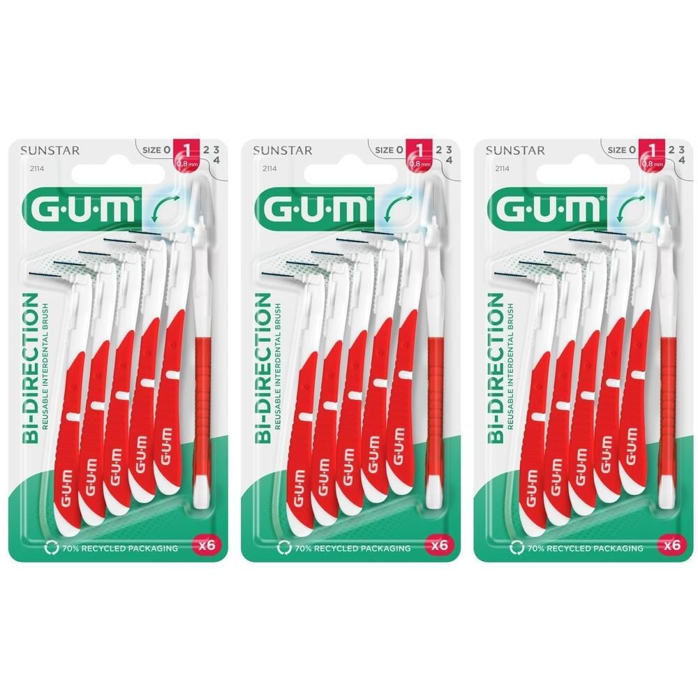 Trois paquets de GUM Proxabrush Bi-Direction, 6 brosses par paquet, taille 1.