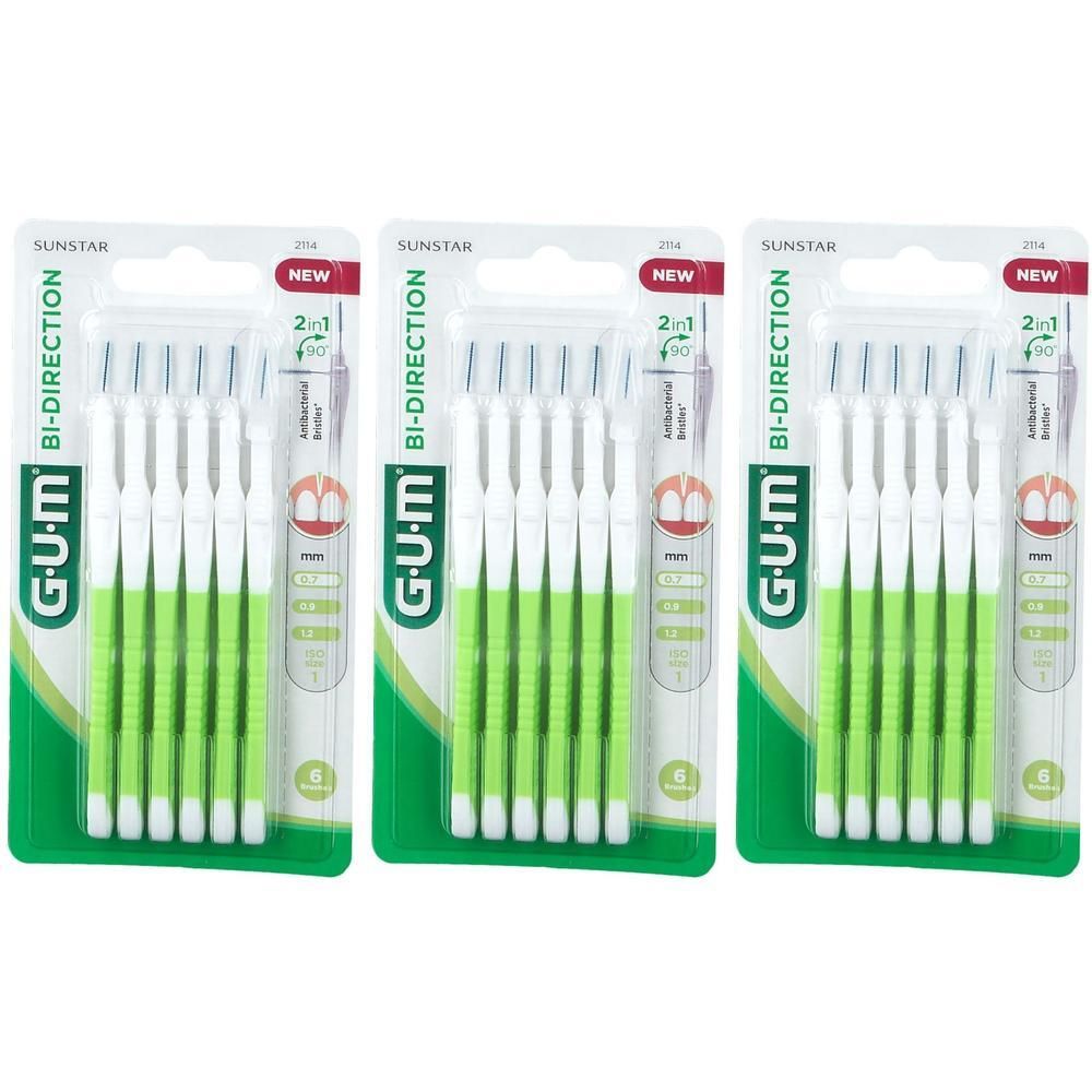 Drei Packungen GUM Proxabrush Bi-Direction Interdentalbürsten, je 6 Stück, Größe 1.