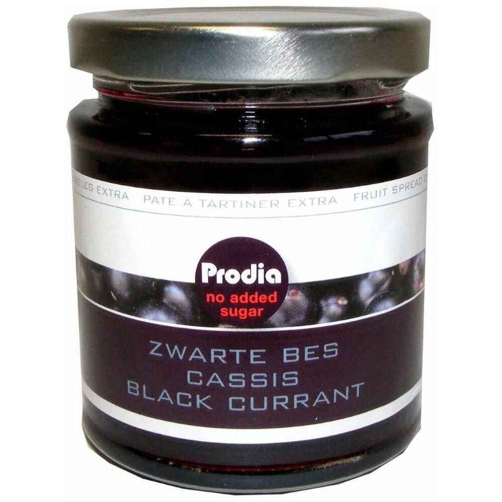 Prodia Cassis Konfitüre ohne Zuckerzusatz im Glas.