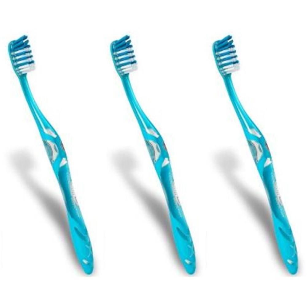Trois brosses à dents bleu sarcelle avec poils bleus et manche ergonomique.