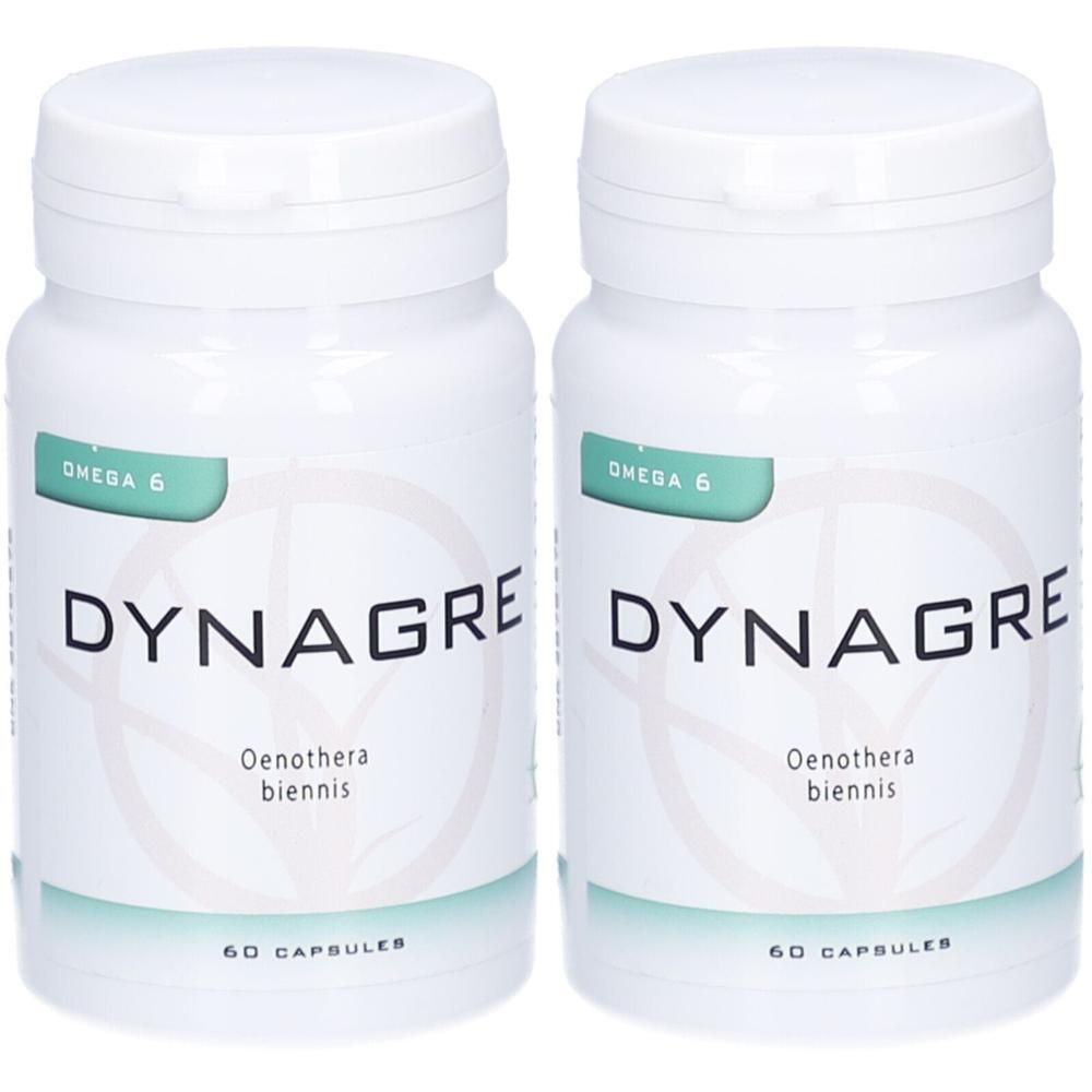 Zwei weiße Flaschen DYNAGRE mit je 60 Kapseln, Oenothera biennis, Omega 6.