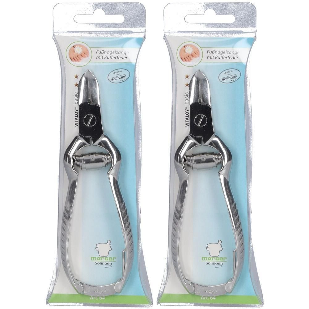 Zwei Paar mörser Fußnagelzangen mit Pufferfeder, Basic 13 cm, in Blisterverpackung.
