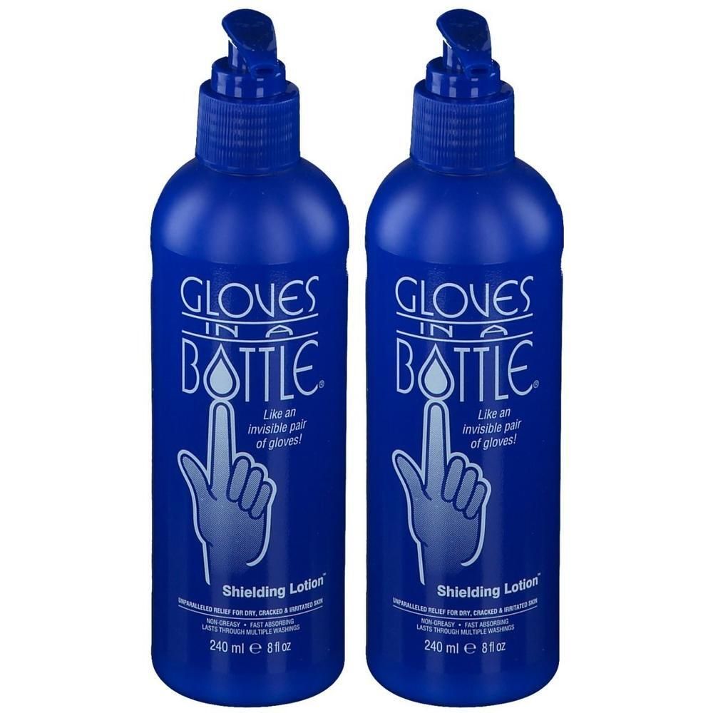 Zwei blaue Flaschen "Gloves in a Bottle" Shielding Lotion, 240 ml.