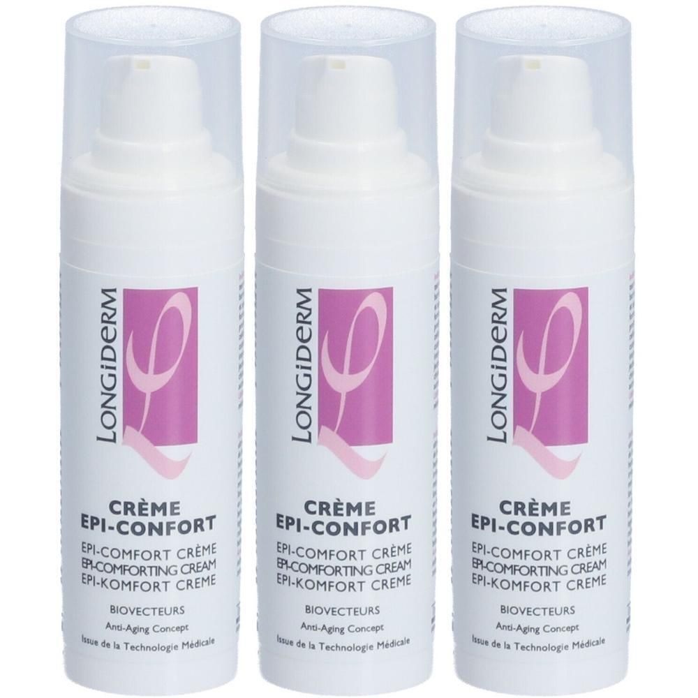 Trois flacons de crème Epi-Confort anti-âge longue durée avec pompes et capuchons transparents.