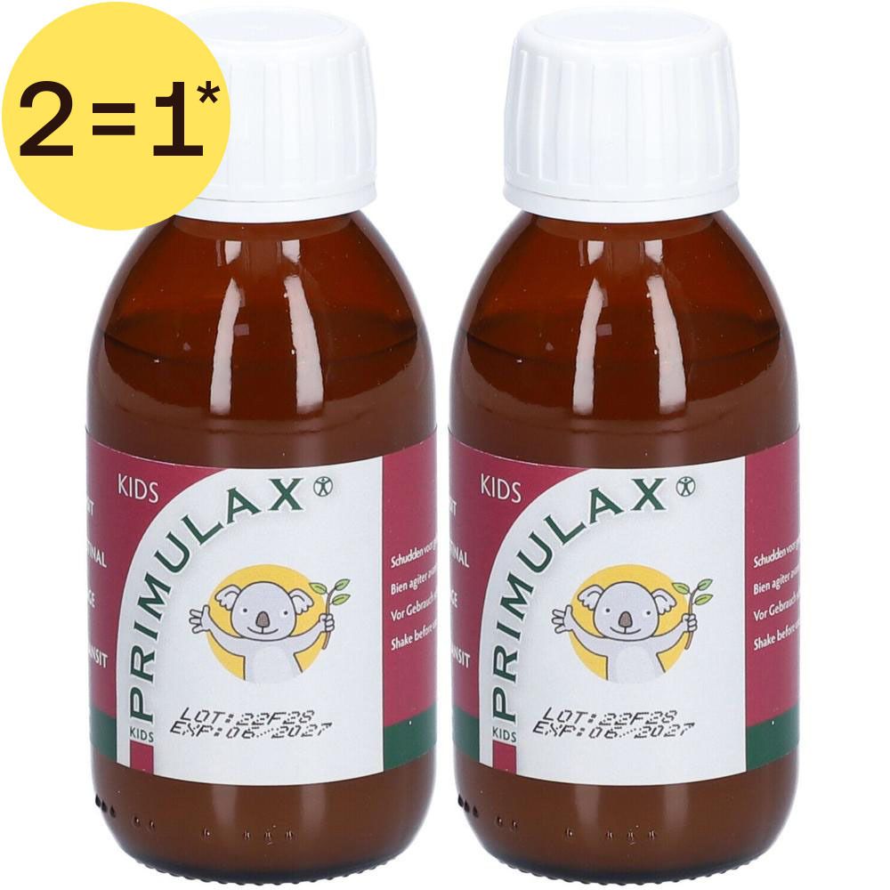 Deux flacons en verre brun avec bouchon à vis blanc. Cercle jaune avec inscription "2=1*". Étiquette avec koala et "PRIMULAX KIDS".