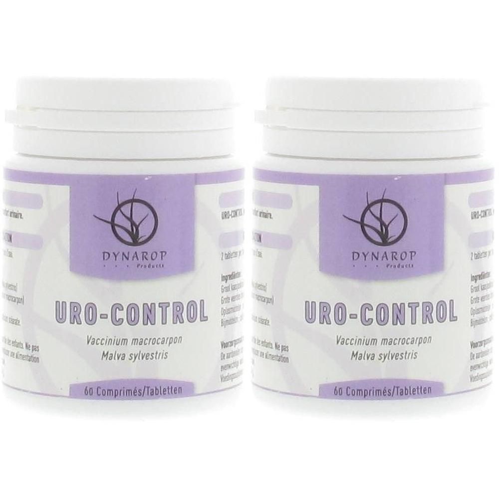 Deux contenants DYNAROP URO-CONTROL, chacun de 60 comprimés. Contient Vaccinium macrocarpon et Malva sylvestris.