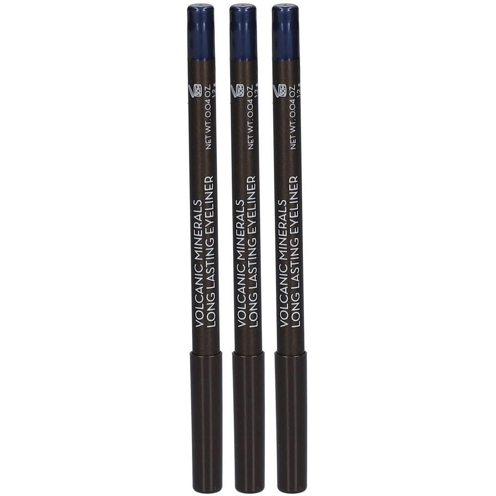 Trois crayons pour les yeux bleus avec l'inscription "VOLCANIC MINERALS LONG LASTING EYELINER".