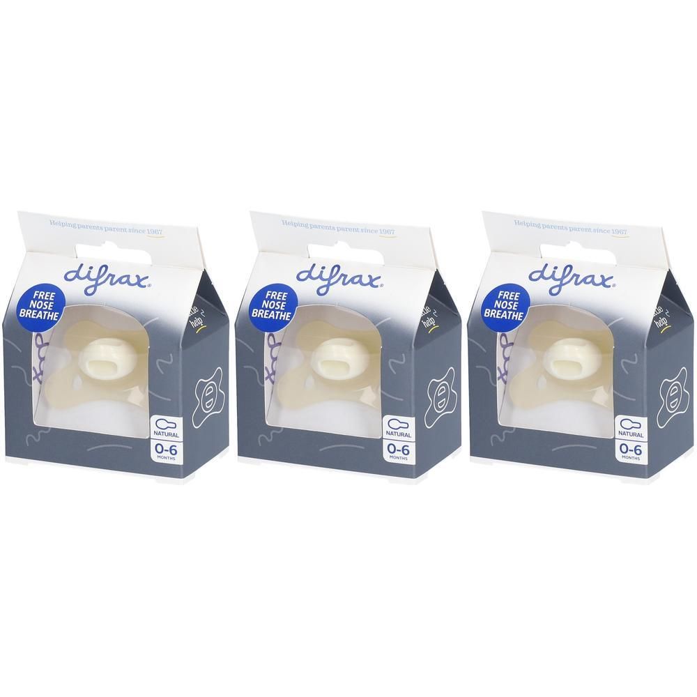 Trois paquets de sucettes Difrax, 0-6 mois, avec inscription "Free Nose Breathe".