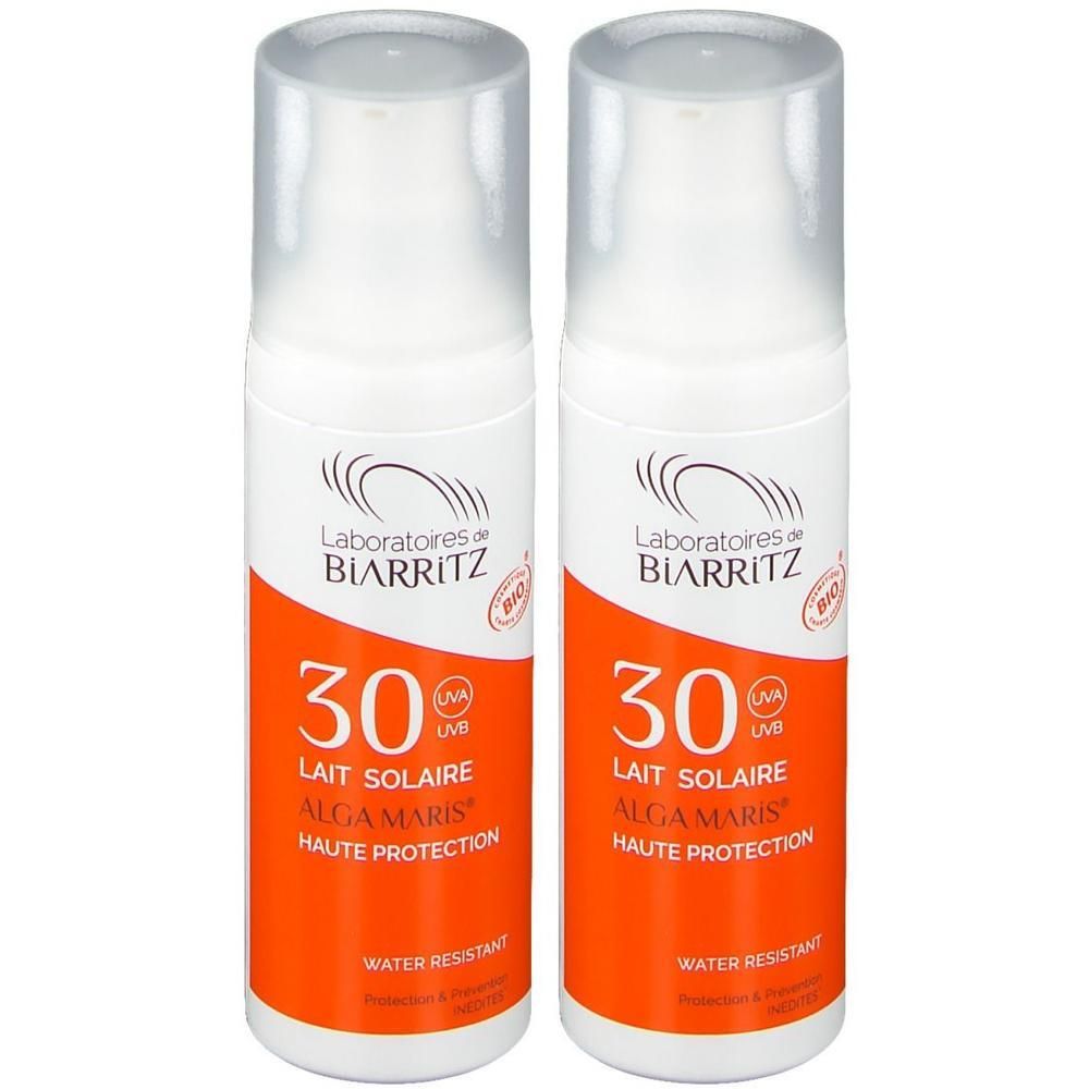 Zwei Flaschen Sonnenmilch Lait Solaire SPF 30 von Laboratoires de Biarritz.