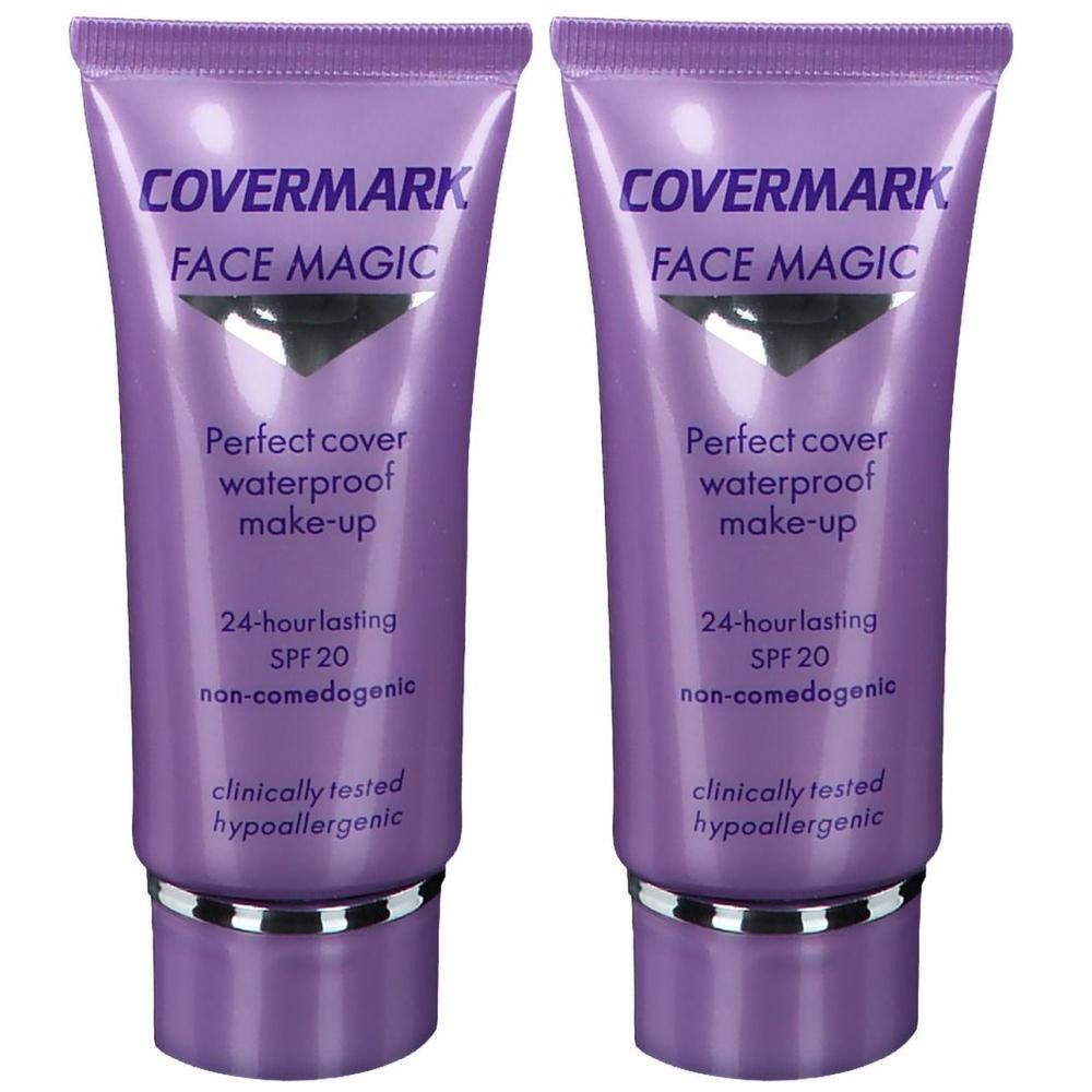 Deux tubes violets de Covermark Face Magic Maquillage avec SPF 20. Waterproof, tenue 24h, non comédogène, testé cliniquement, hypoallergénique.