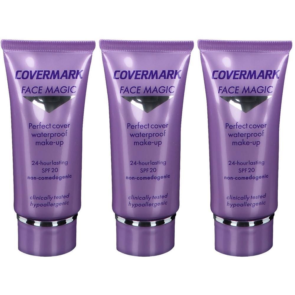 Drei COVERMARK Face Magic Tuben mit SPF 20, wasserfestem Make-up.