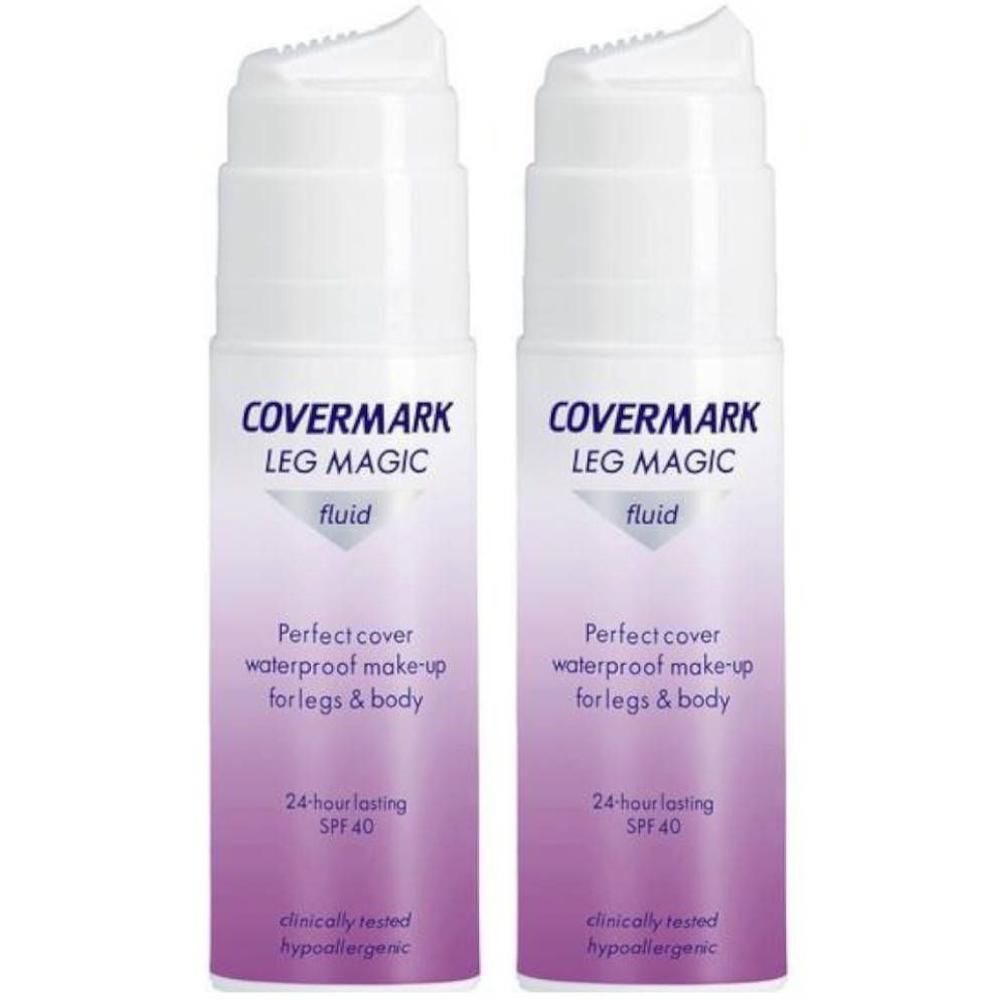 Deux flacons COVERMARK Leg Magic Fluid avec pompe. Couvrance parfaite et waterproof pour jambes et corps, tenue 24h, SPF 40.
