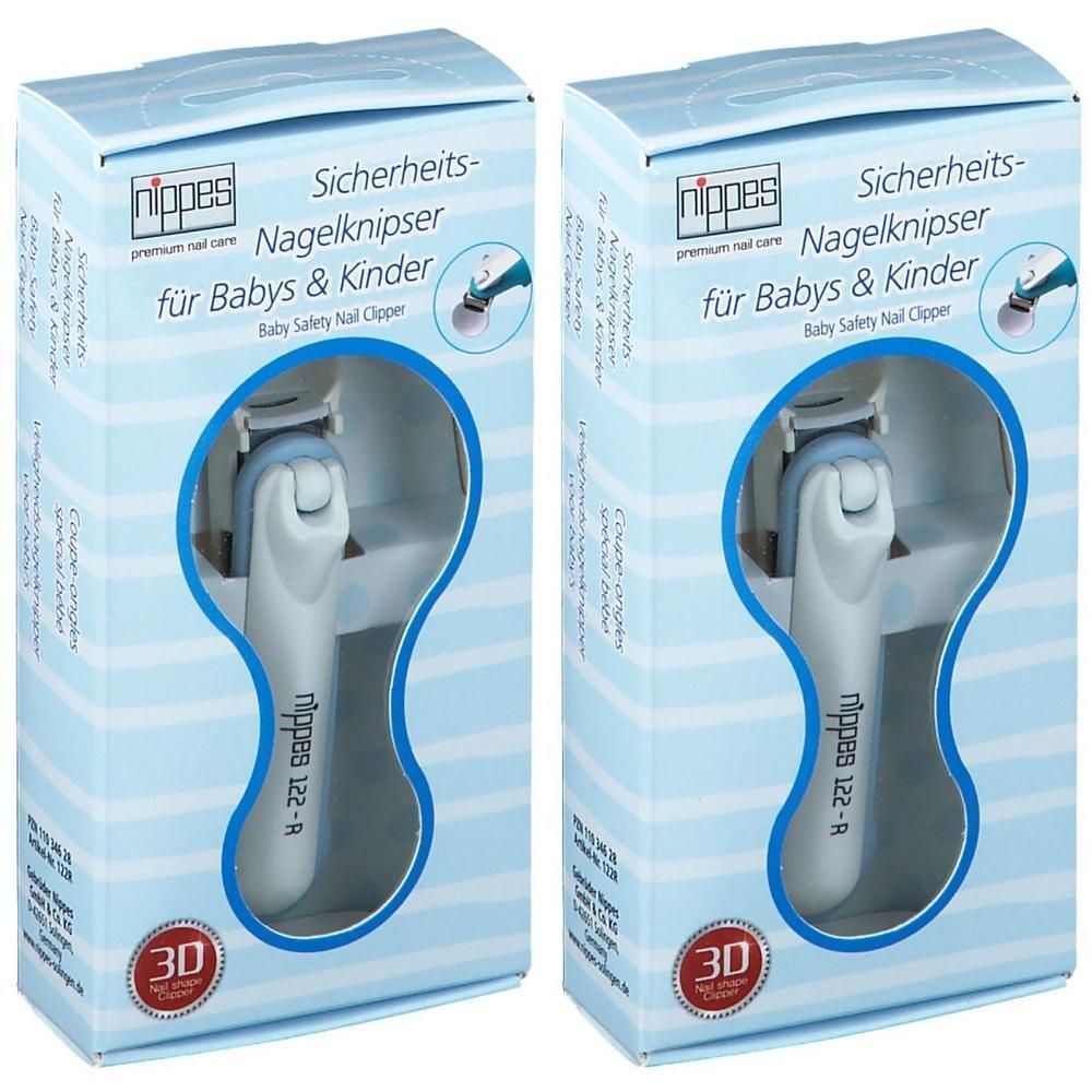 Deux paquets de coupe-ongles de sécurité Nippes pour bébés et enfants. Manche blanc avec embout bleu.