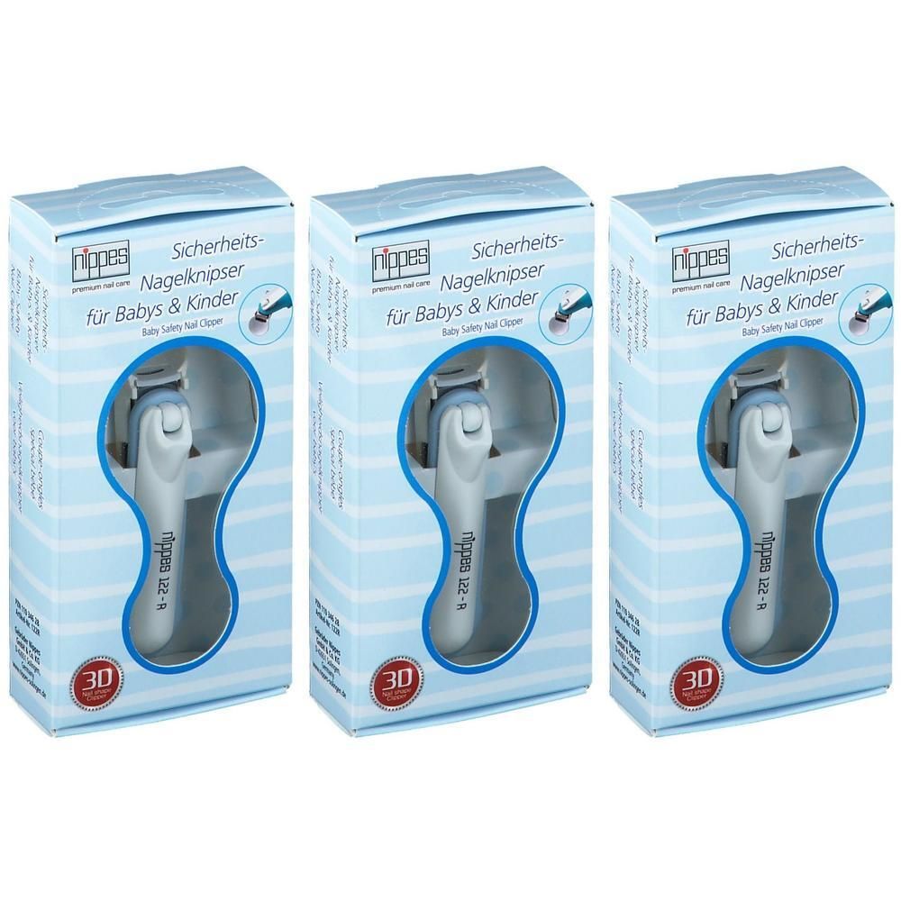 Drei Packungen Nippes Sicherheits-Nagelknipser für Babys & Kinder. Weißer Griff, blaue Akzente.