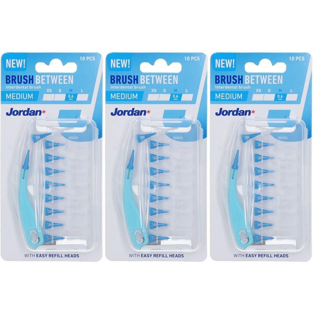 Drei Packungen Jordan Brush Between Interdentalbürsten, Medium, 0,6 mm, 10 Stück pro Packung.