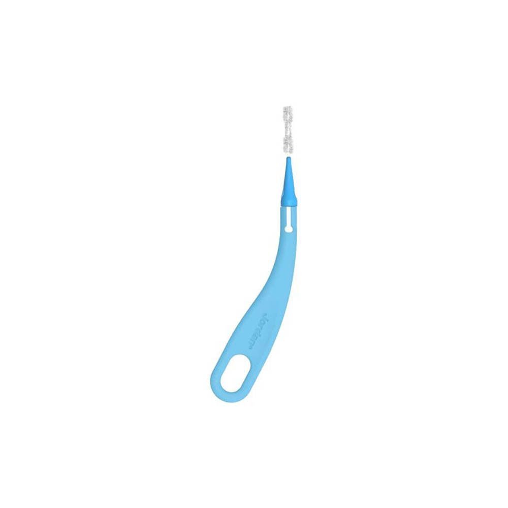 Brosse interdentaire Jordan Medium, 10 pièces sous blister. Brosse avec manche bleu et 9 têtes de rechange.