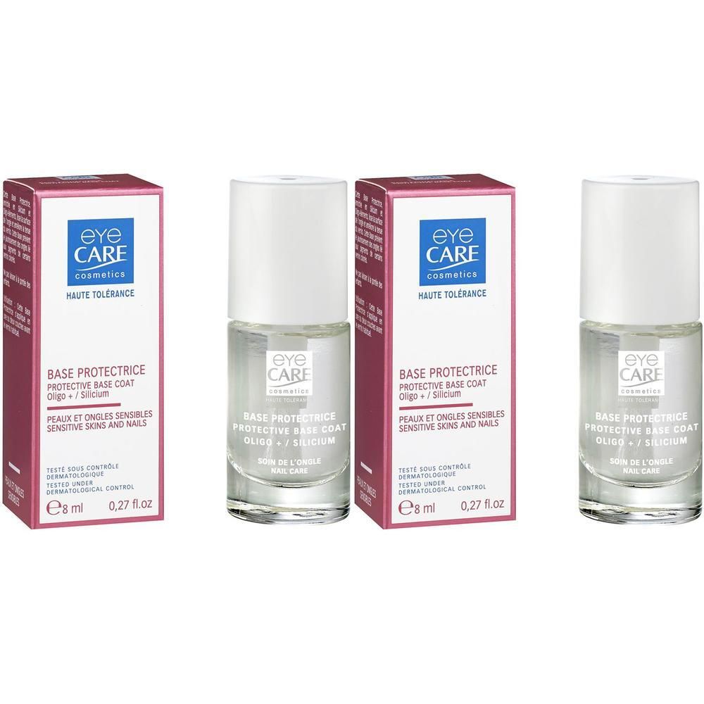 Drei Flaschen Eye Care Schutz Basecoat mit Schachteln. Klare Flüssigkeit in Glasflaschen mit weißen Verschlüssen.
