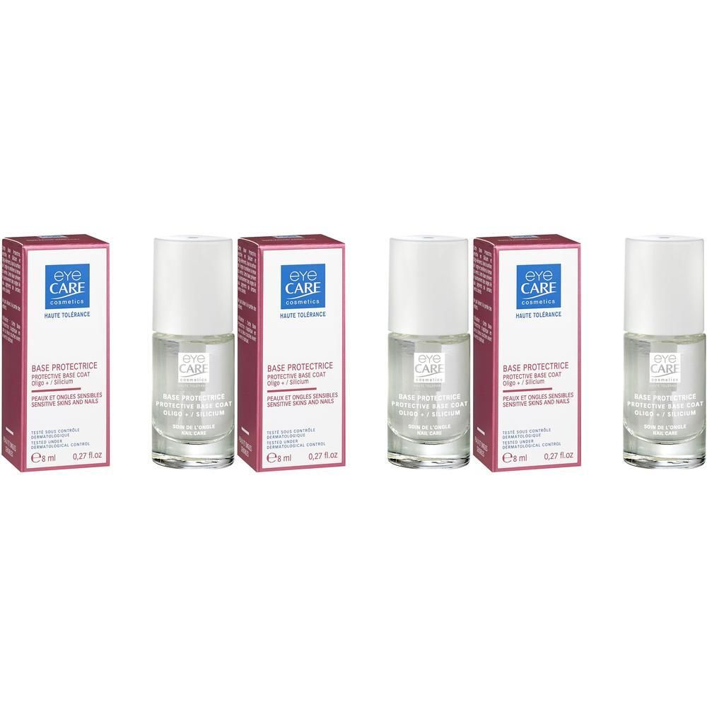 Vier Fläschchen Eye CARE Base Protectrice mit Schutzkappe und Verpackung. Klare Flüssigkeit.