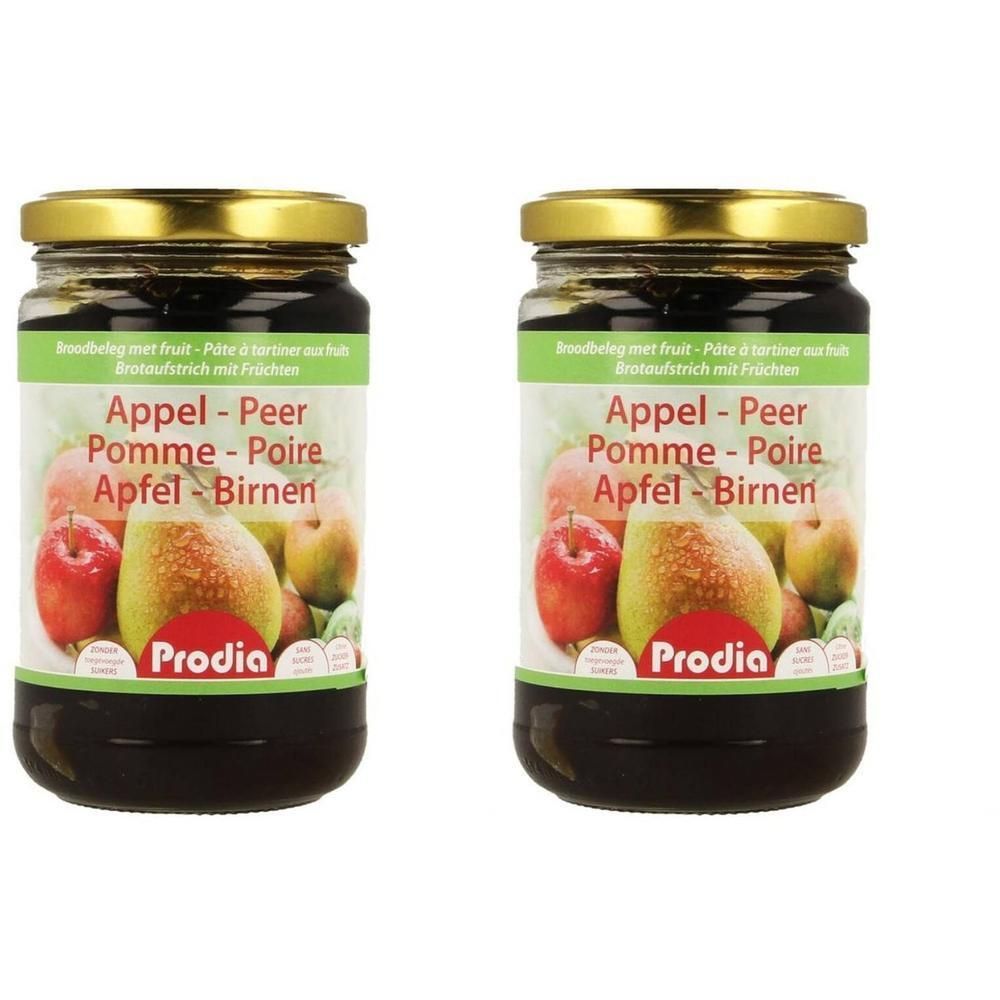Deux pots de pâte à tartiner Prodia pomme-poire aux fruits.