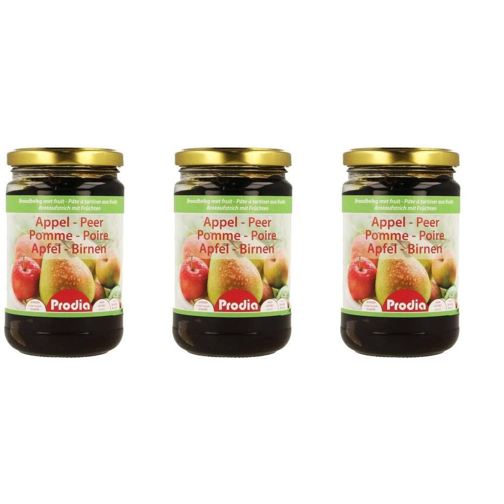 Drei Gläser Prodia Apfel-Birnen-Brotaufstrich mit ganzen Früchten auf dem Etikett.