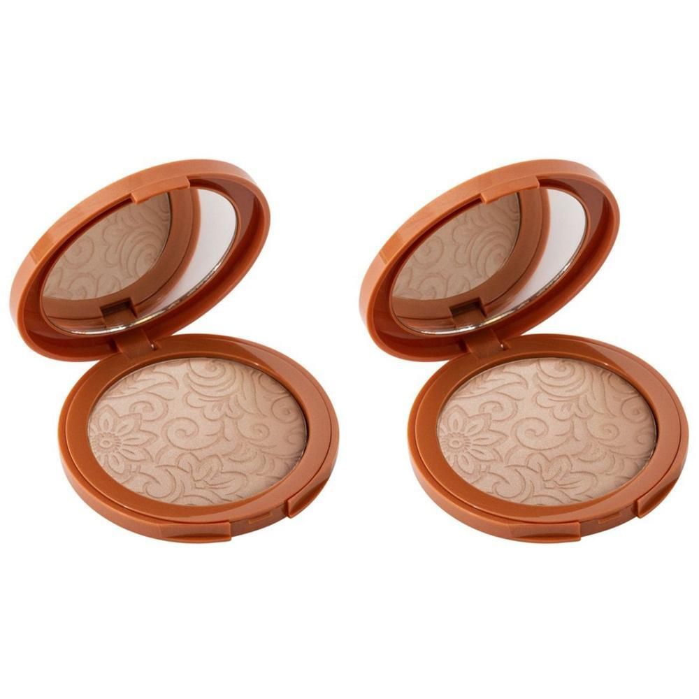 Deux poudres bronzantes ouvertes avec miroir et motif floral.