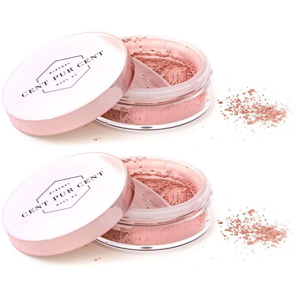 Zwei offene Behälter mit losem, rosafarbenem Mineralpuder. Der Deckel zeigt das Logo 'Cent Pur Cent Make Up'.