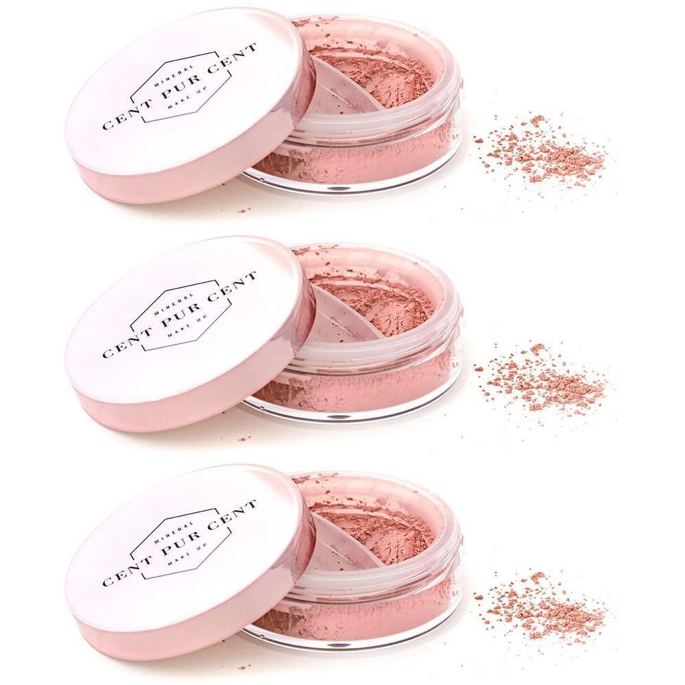 Drei Behälter mit losem Mineral-Rouge in Rosé. Der Deckel zeigt das Logo "Cent Pur Cent Mineral Make Up".
