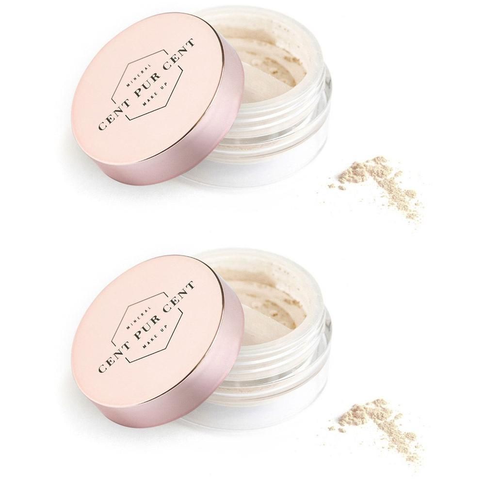 Zwei offene Behälter mit Cent pur Cent Mineral-Lidschattenpulver in Beige. Pulver ist leicht verstreut.