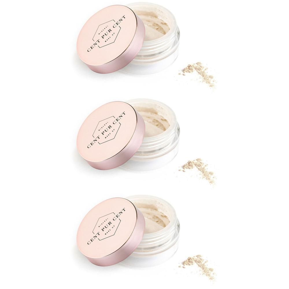 Trois pots ouverts avec poudre minérale beige et couvercle or rose avec logo.