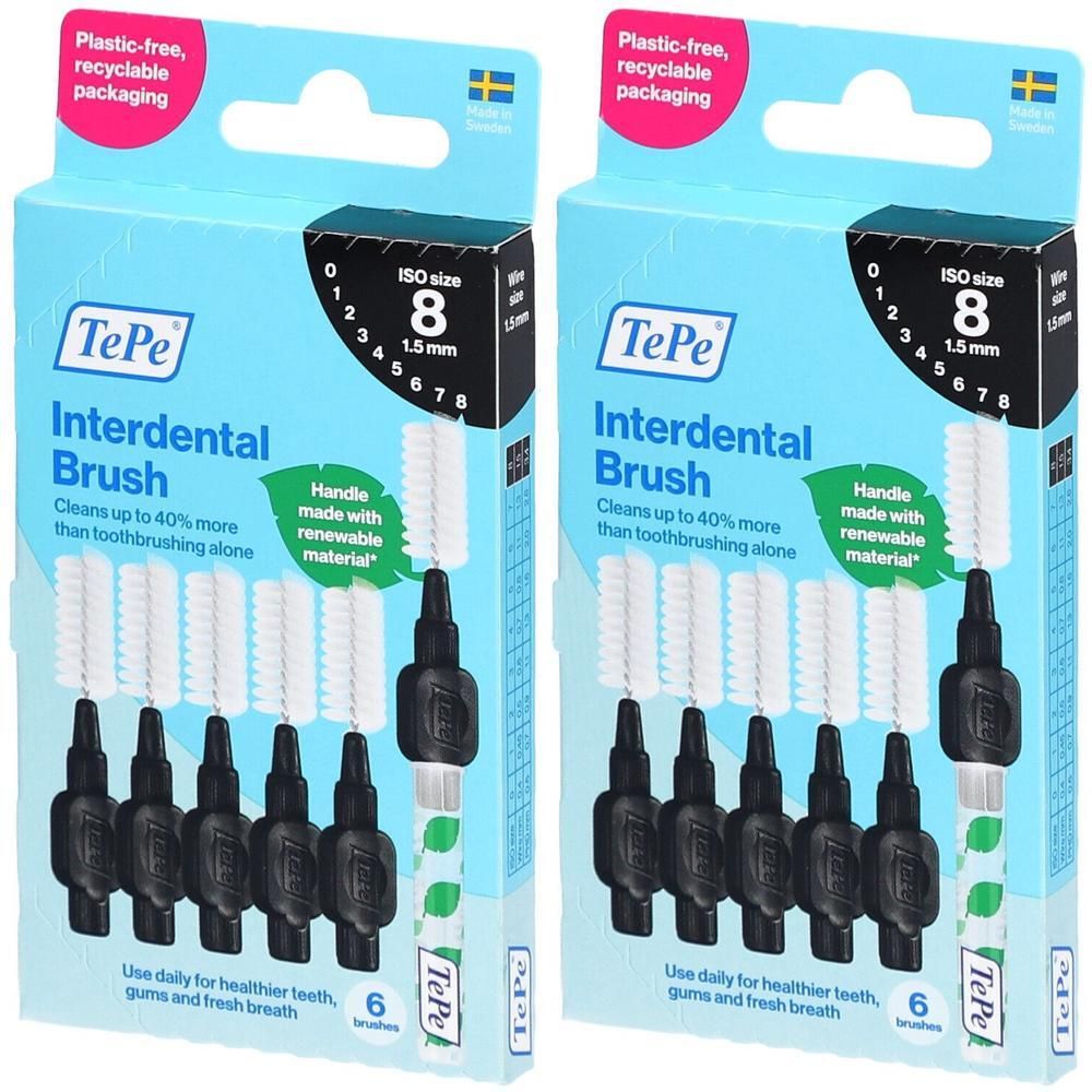 Zwei Packungen TePe Interdentalbürsten, Größe 8 (1,50 mm), schwarz. Griffe aus erneuerbarem Material.