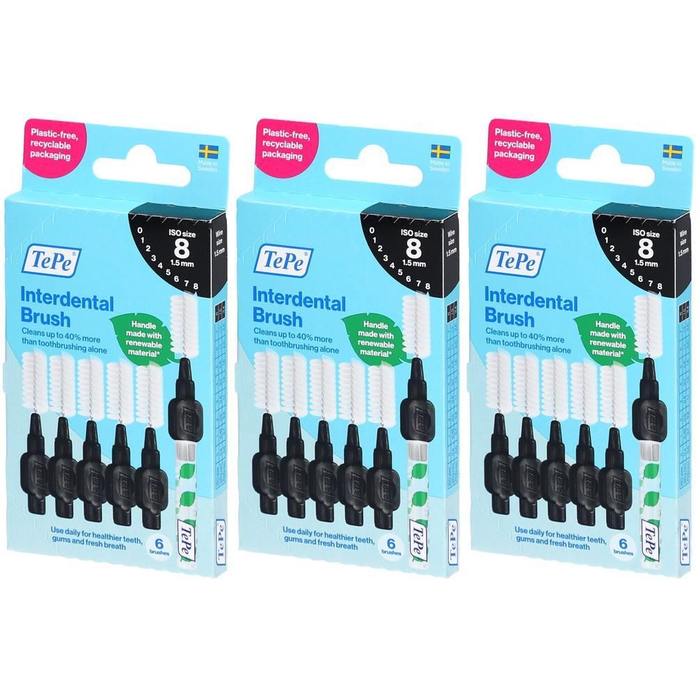 Trois paquets de brosses interdentaires TePe, taille 8 (1,50 mm), noires. Chaque paquet contient 6 brosses.