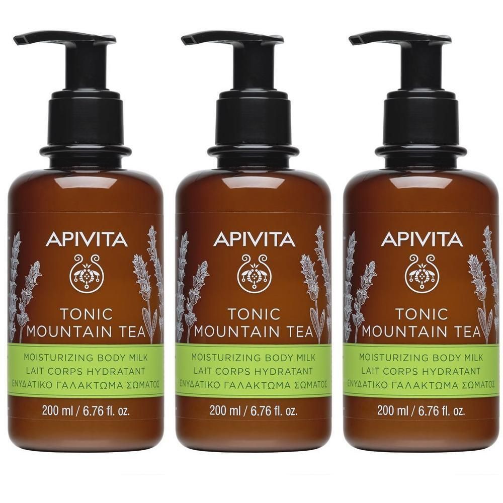 Trois flacons de Lait Corps Hydratant Apivita Tonic Mountain Tea avec pompes.