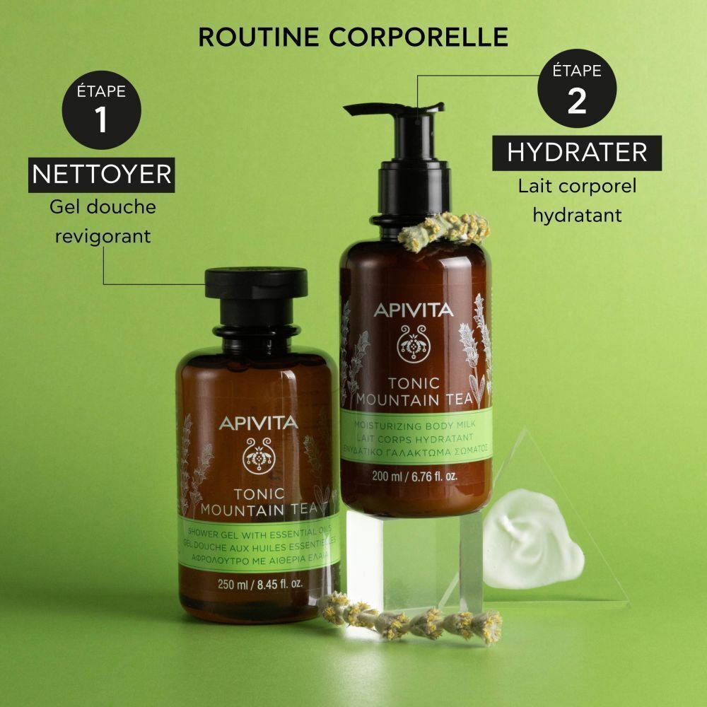 Lait Corps Hydratant et Gel Douche Apivita Tonic Mountain Tea dans un set de soins corporels.