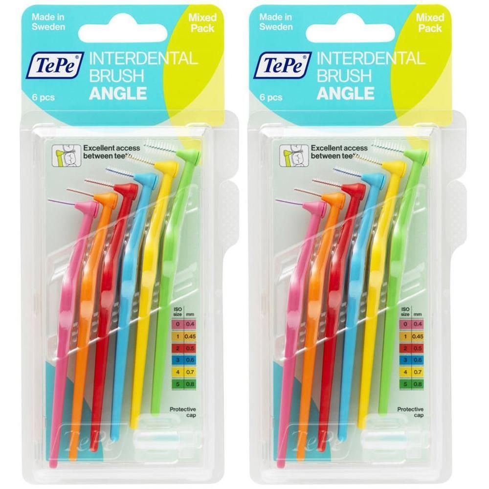 Zwei Packungen TePe Interdentalbürsten Angle, je 6 Stück. Bunte Bürsten mit abgewinkeltem Kopf für die Zahnzwischenraumreinigung.