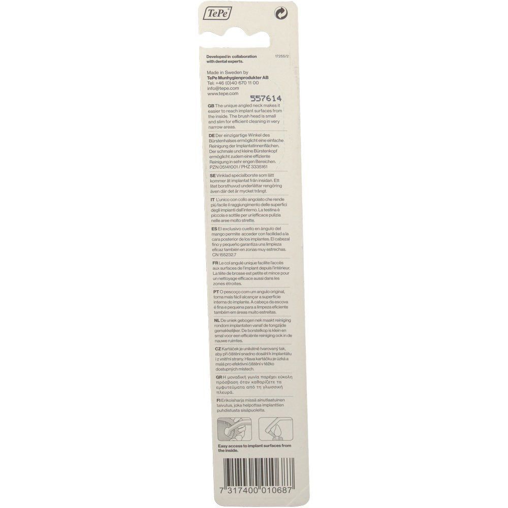 Rückseite einer TePe® IMPLANT CARE™ Einbüschelbürsten-Verpackung mit Produktinformationen und Barcode.