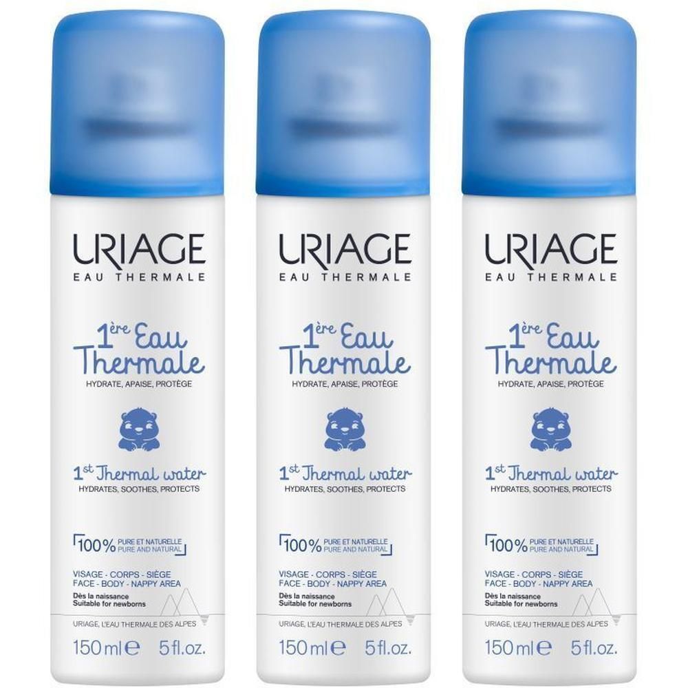 Trois flacons d'Uriage Bébé 1ère Eau Thermale, 150 ml.